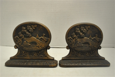 Rare Antique Cast Iron Bridge Tree Church Bookends